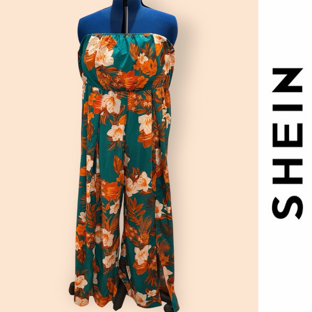 SHEIN Green Floral Strapless Wide-Leg Jumpsuit, Size 4XL, MSRP‎ $25